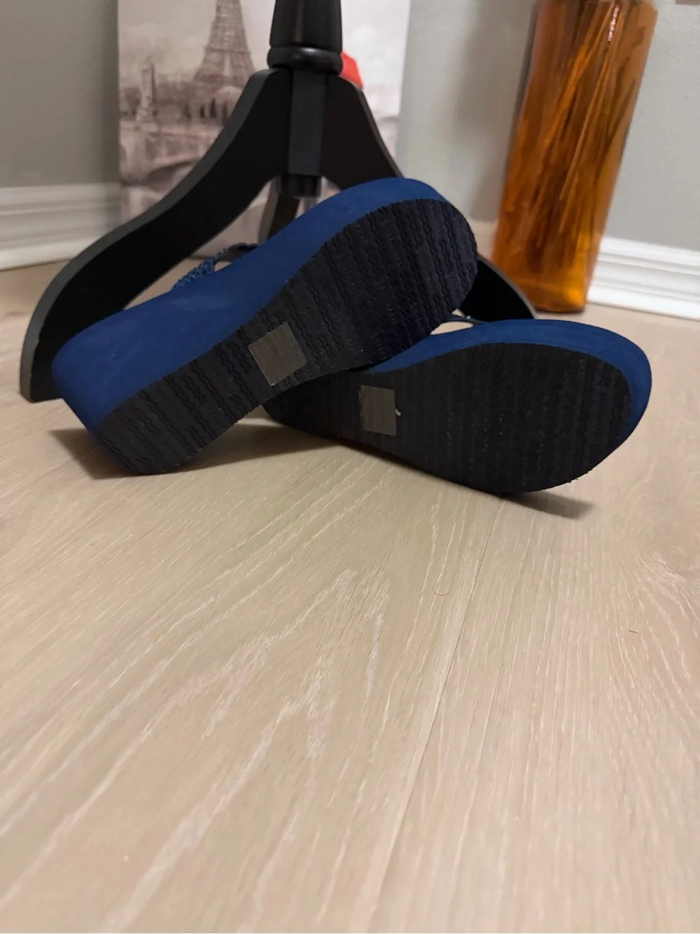 Yellow Box Navy Blue Wedge Sandals with Decorative Straps